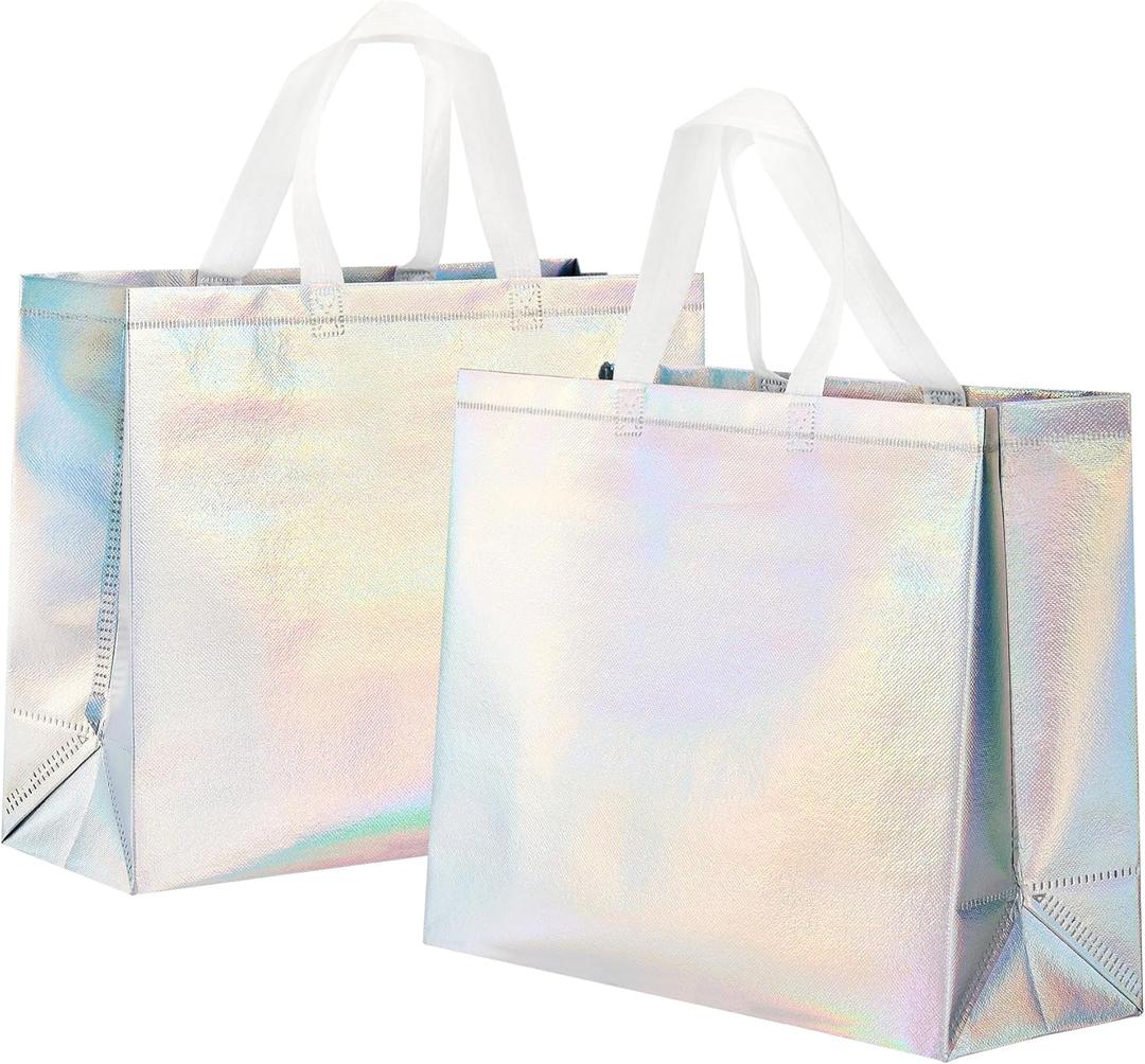 METAPRINT Large Reusable Gift Bags with Handles, 15 PCS Iridescent Party Favor Bags, 13x5x11 Inch Holographic Gift Bag Bulk for Birthday, Wedding, Goodie (Silver)