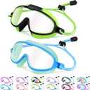 Vvinca Kids-Swim-Goggles with Bungee Strap Wide View Anti Fog UV Swimming Mask Pool Goggle for 3-14 Toddlers Girls Boys (01-black Green & Light Blue)