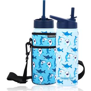 18 OZ Kids Water Bottle with Carrier Bag & Strap Leak Proof Metal Insulated Stainless Steel Tumbler with 2 Lids (Flip & Spout) for School & Sports Water Bottle with Straw - Blue (Shark)