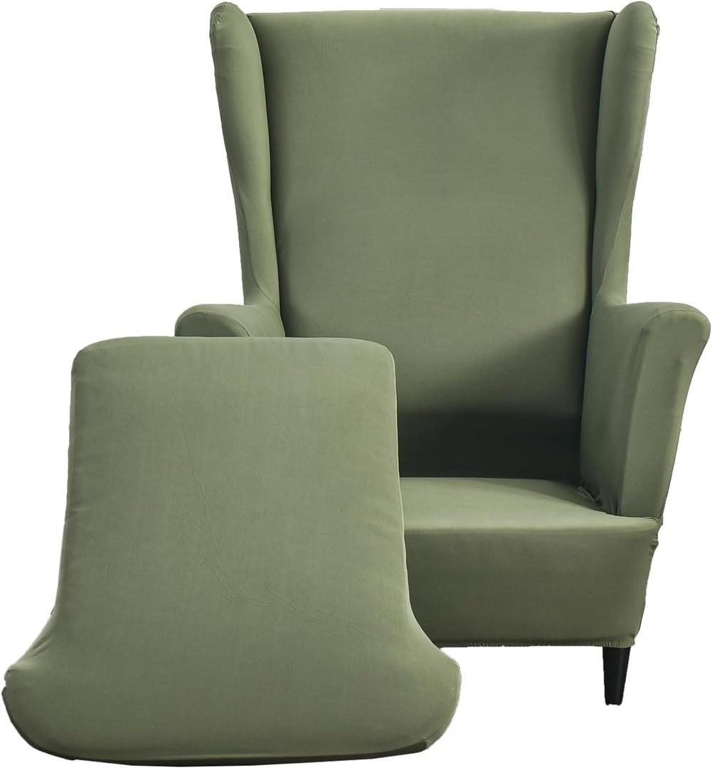CRFATOP Polyester Wing Chair Covers 2 Piece Stretch Wingback Chair Slipcover Solid Wingback Armchair Covers with Elastic Bottom for Living Room Bedroom Wingback Chair,Green