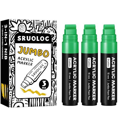 SRUOLOC 3 Jumbo Permanent Markers Green, 15mm Thick Wide Tip, Large Acrylic Paint Markers for Rock Painting, Poster, Graffiti, Stone, Ceramic, Glass, Wood, Canvas