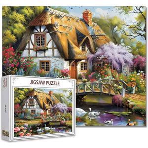 Forest Cabin Jigsaw Puzzle，Cute House Scenery 1000 Pieces Jigsaw Puzzles for Adults，27 x 20 Inches Puzzles ，HD Quality Goose Flowers Trees Wall Puzzle Gift，Family Activity Perfect for Game Night