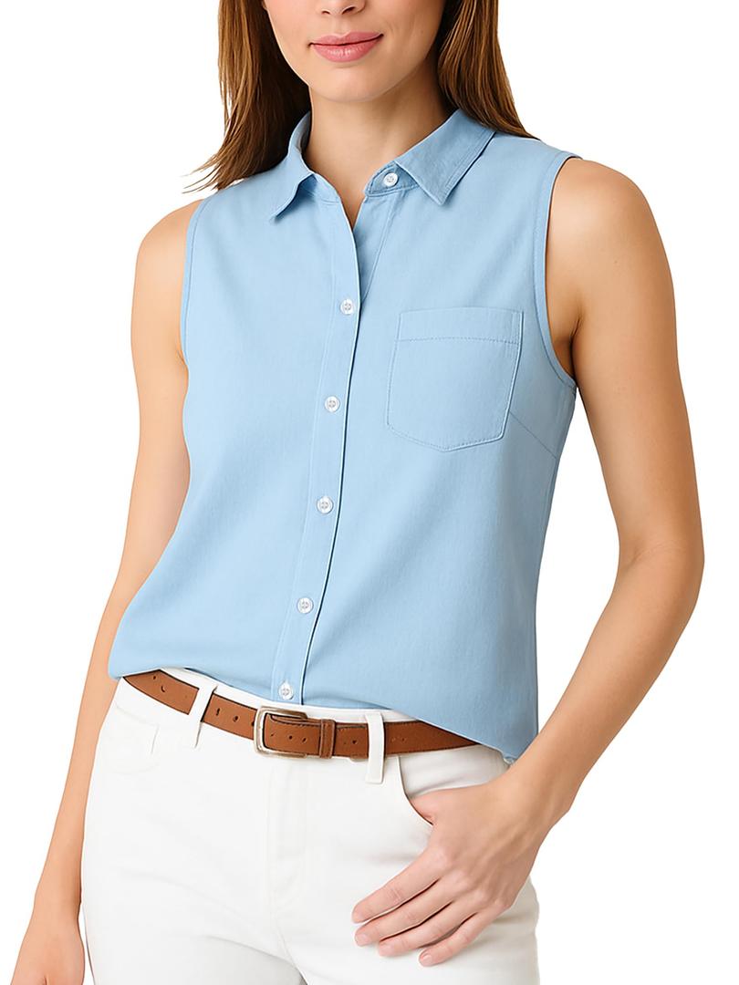 SUNNOW Women's Sleeveless Button Down Shirt Collared Tank Tops Casual Summer Office Blouse with Patch Chest Pocket Light Blue,XL