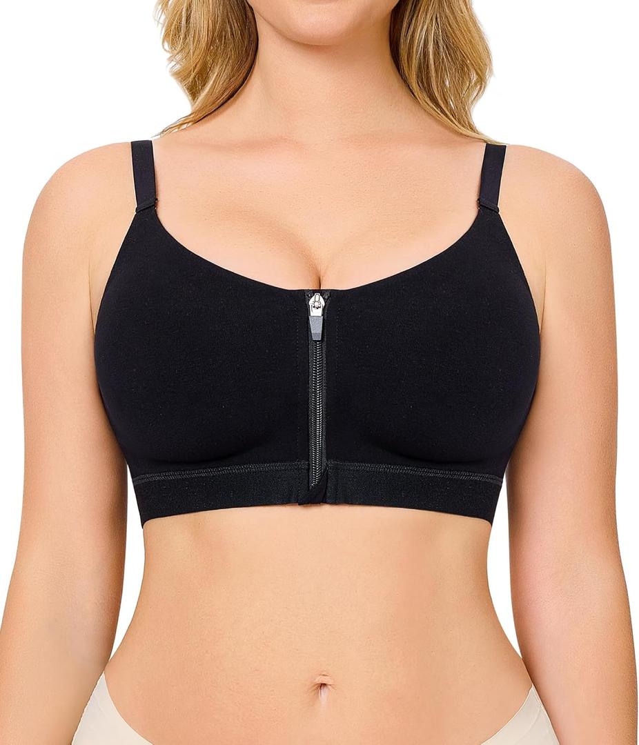 CYDREAM Womens Zip Front Closure Bra Wireless Seamless Comfort Full Coverage Back Smoothing No Underwire Bralettes (Large, Black)