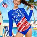 AGAPENG Girls Rash Guard Swimsuit Long Sleeve Swimsuit Two Piece Color Block Ruched Bathing Suit Zip Girls' Swimwear 7-16Y
