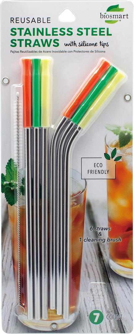 BIOSMART Reusable Stainless Steel Straw Set w/ Silicone Tips & 1 Cleaning Brush AND Crave Silicone Rainbow Whisk 2Ct, 2 Ct