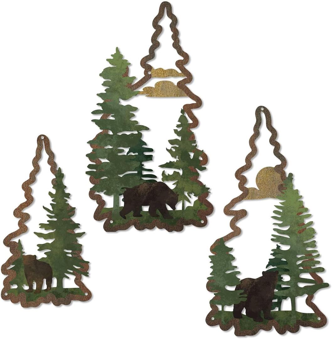 Putuo Decor 3PCS Bear Pine Tree Wall Decor, Woodland Wildlife Wall Art Forest Poster Tree Wall Decoration Artwork for Living Room Bedroom Bathroom Cabin Home Decorations