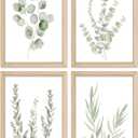 YWJKWLGS Botanical Watercolor Prints Sign Sage Green Eucalyptus Wall Decor 11x16 Inch Set of 4 Minimalist Wood Framed for Bathroom Laundry Room Office Wall Hanging Art (Wood)