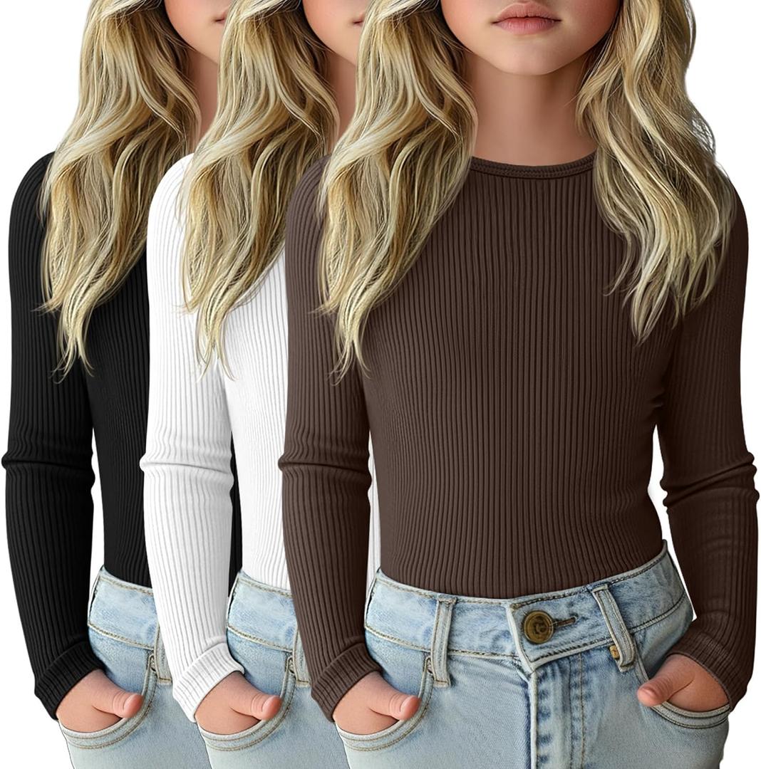 3 Pack Girls Long Sleeve Shirts Ribbed Knit Cotton Layering Tops Slim Fit Crewneck Casual Undershirts (11-12 Years, Black, White, Brown)