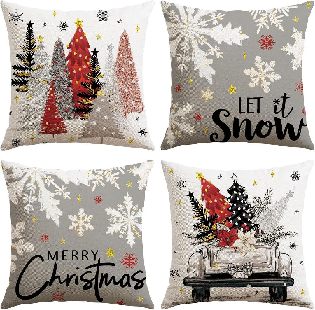 Artscope Christmas Throw Pillow Covers 18x18 Inch Set of 4, Let It Snow Snowflakes Truck Winter Christmas Decoration Pillow Cases for Home Sofa Couch Decor-Grey