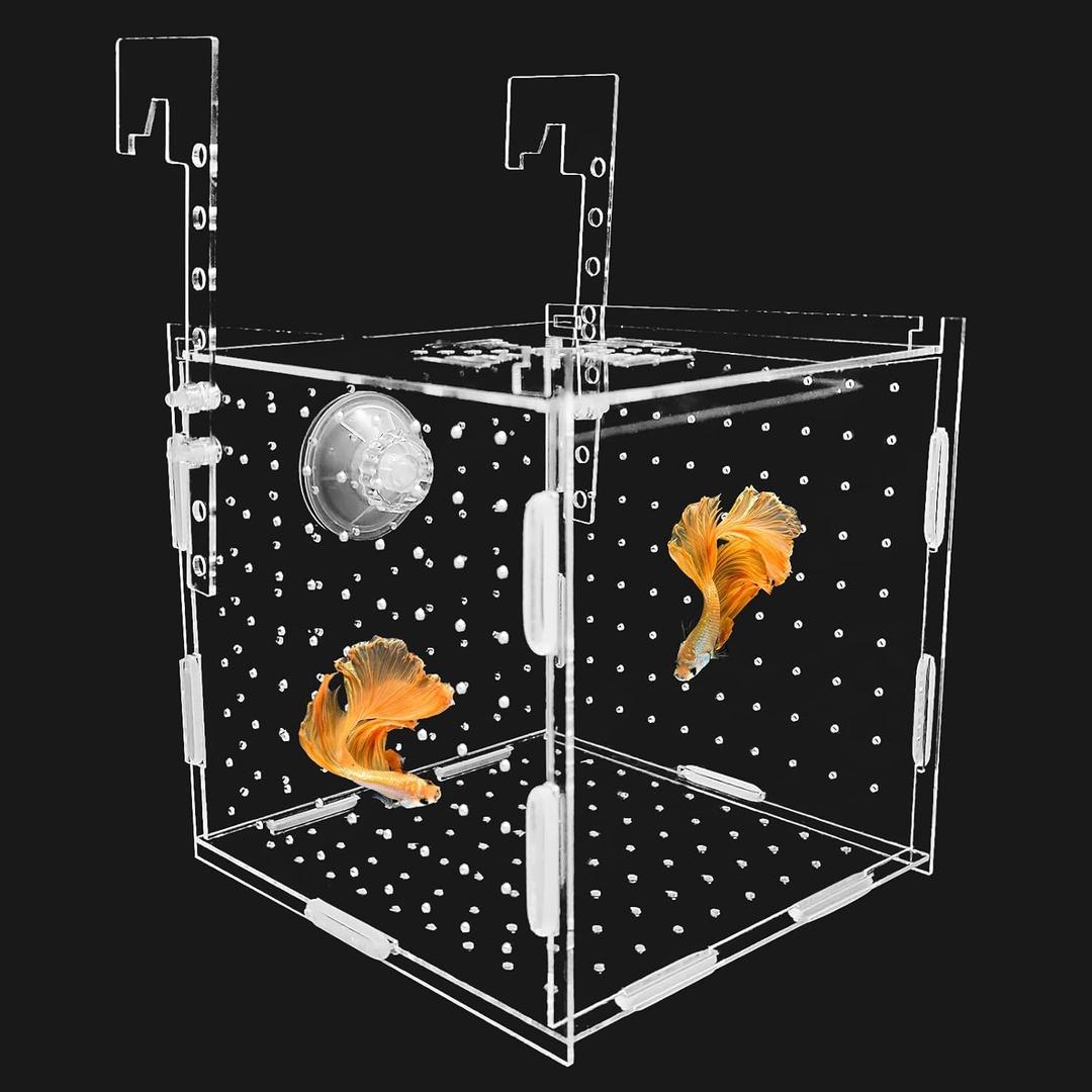 Hamiledyi Acrylic Breeding Isolation Box - Transparent Aquarium Hatchery for Guppy/Shrimp/Small Fish, Safe Nursery Tank with Air Tube & Suction Cups(5.9"  5.9"  5.9")