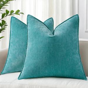 DecorUhome Spring Couch Euro Sham Throw Pillow Covers 24x24 Set of 2, Decorative Soft Velvet Modern Cozy Chenille Pillow Cases with Elegant Design for Sofa Bed Living Room Home Decor, Teal