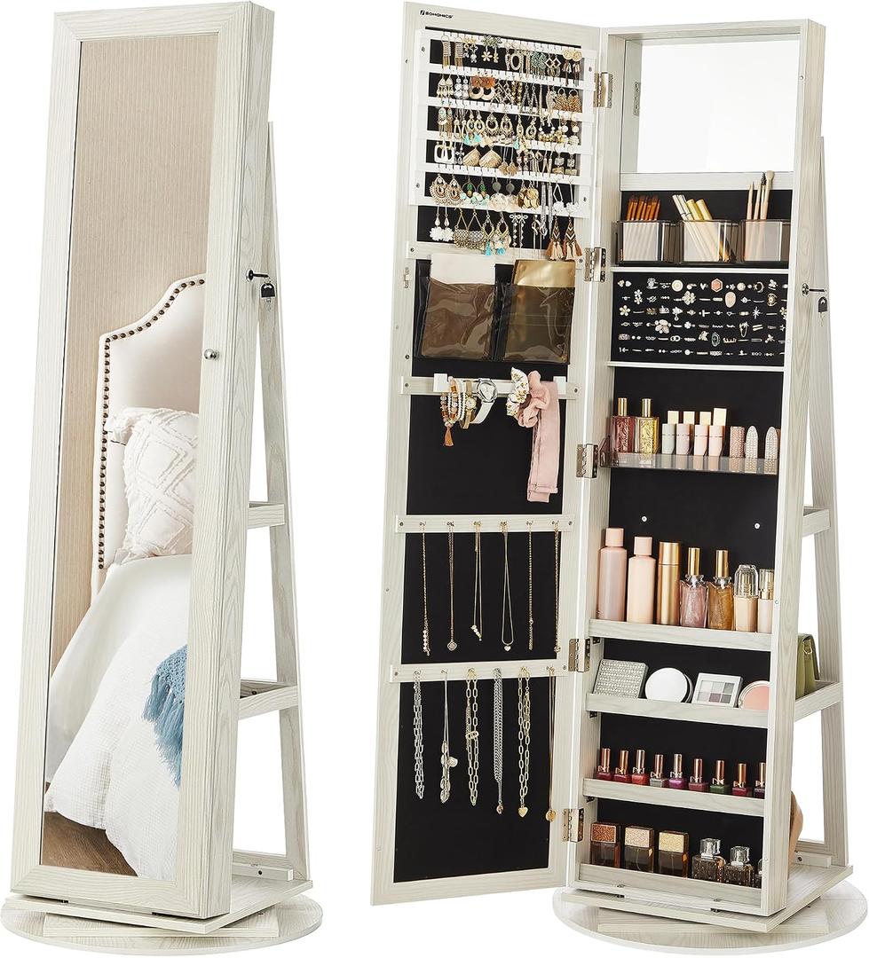 SONGMICS 360 Swivel Jewelry Cabinet, Lockable Jewelry Organizer with Full-Length Mirror, Rear Storage Shelves, Interior Mirror, Jewelry Armoire, Gift Idea, White with Gray Wood Grain UJJC006W01