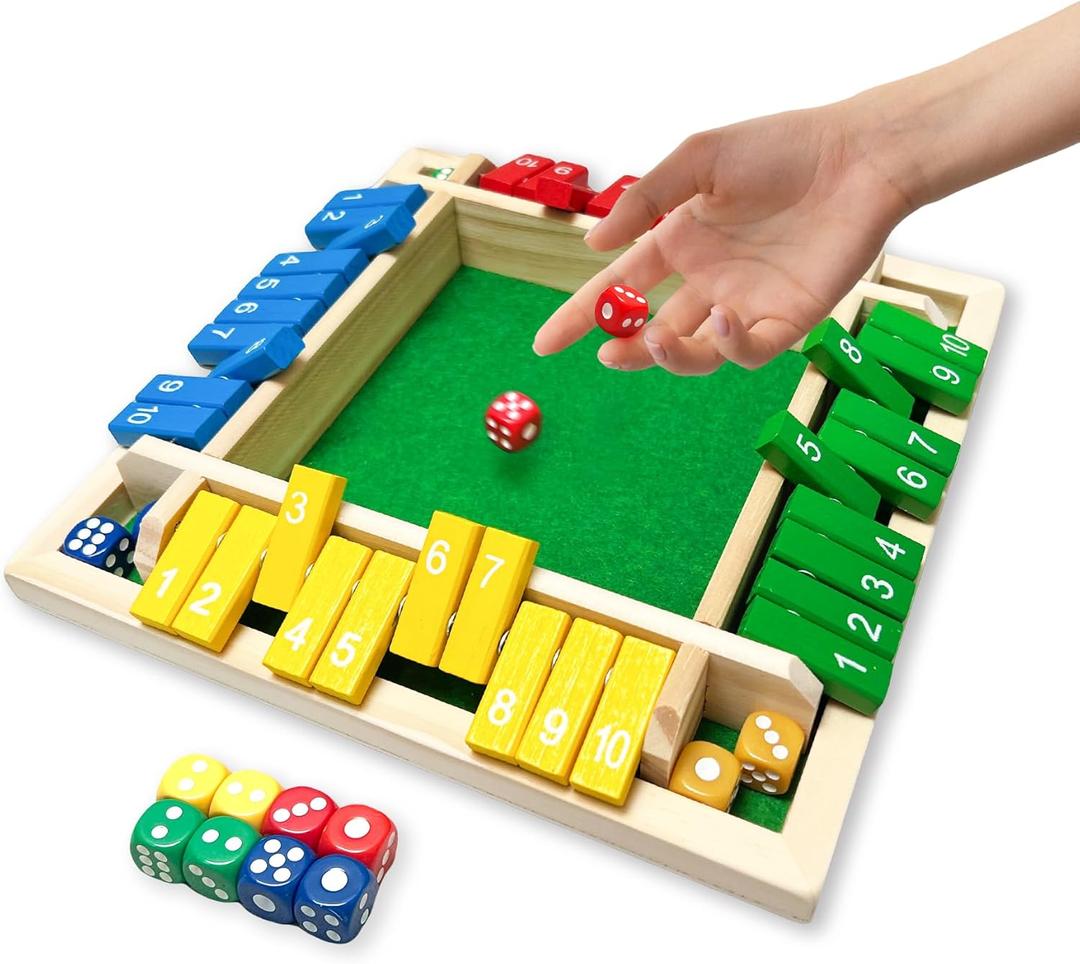 Shut The Box Game, 4-Player Wooden dice Game with 8 Dice and Shut-The-Box Instructions for Kids Adults, Educational Family Game for Learning Addition & Strategy  Montessori Toy Gift for Ages 4+