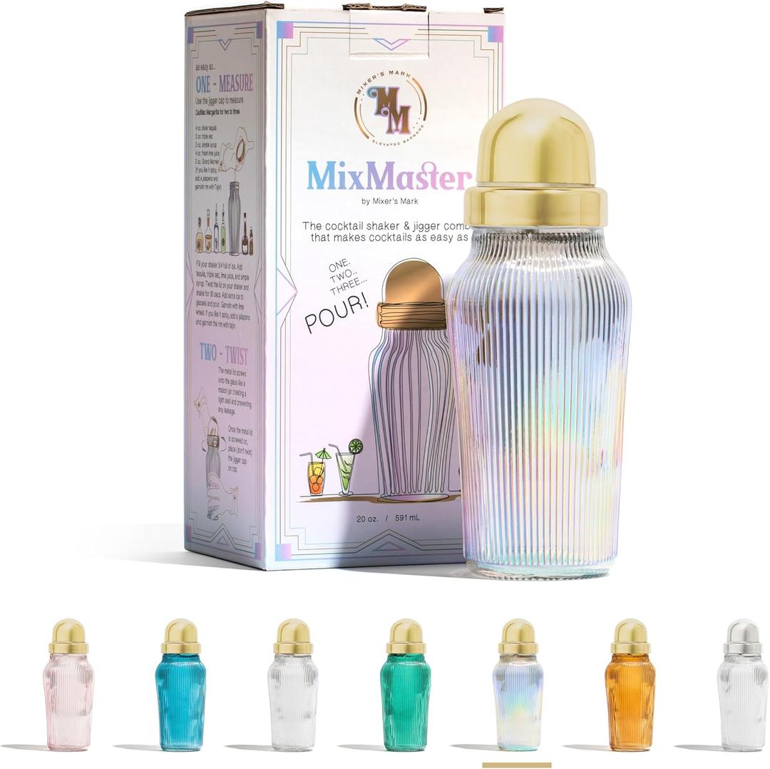 The MixMaster Cocktail Shaker with Strainer and Jigger Measuring Cap - Art Deco Leakproof Glass Drink Mixer for Crafting Cocktails - Innovative Home Bartending Supplies and Accessories - Iridescent
