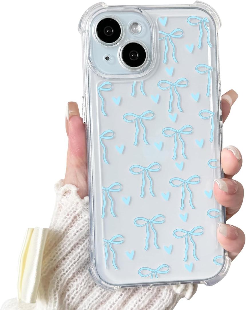 Lovmooful Compatible for iPhone 15 Plus Case Clear Cute Bowknot Heart with Four Corners Shockproof Design for Girls Women Soft TPU More Protective Girly for iPhone 15 Plus Case-Blue Bow