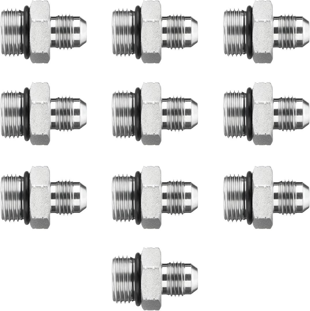 10 Pack Hydraulic Hose Adapter Fittings: 3/8" JIC 37 Male x #8 SAE/ORB Male, Straight Tube Fitting Kits with Protection Cover