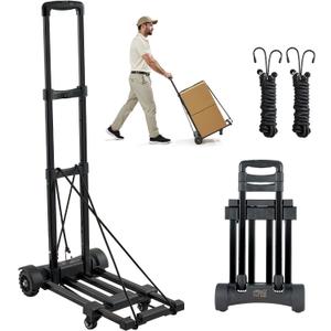 VEVOR Folding Hand Truck, 290 lbs Load Capacity, Collapsible Luggage Cart with 4 Wheels, 2 Elastic Ropes & Expandable Base, Utility Dolly Platform Cart for Airport Travel Luggage Office Moving, Black