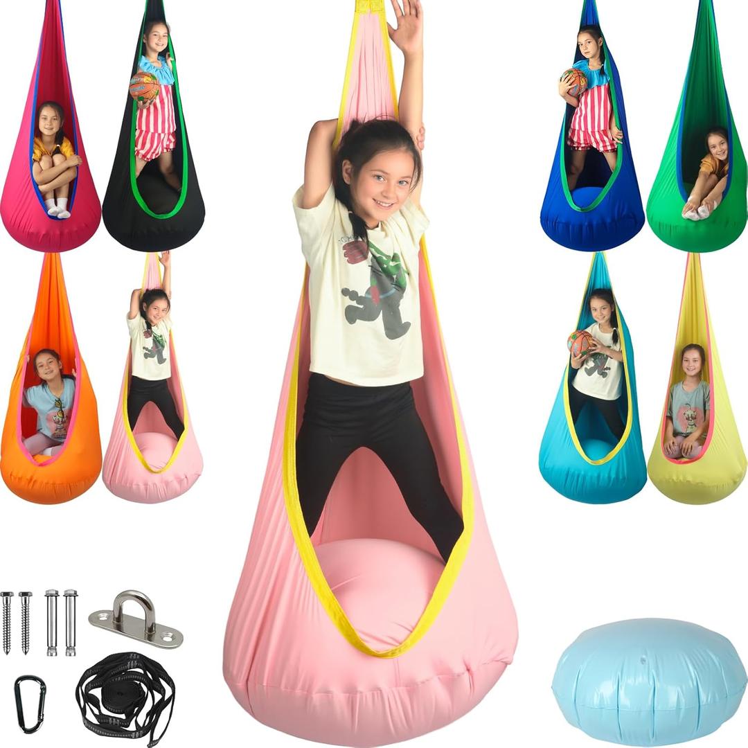 Kids Pod Swing Seat, Max 300 Lbs, Child Sensory Swing Chair Indoor & Outdoor Therapy Hammock Chair with Hanger Kit for Calming, Effect for Autism, ADHD or SPD. (Pink)