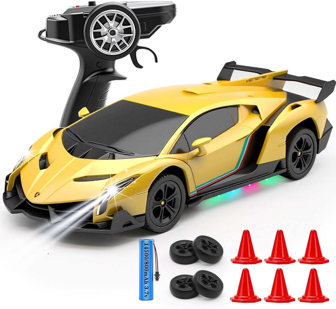 QUN XING Remote Control Car 1:24 Officially Licensed Lambo veneno RC Drift Car with LED Lights 2.4GHz 4WD 15KM/H Fast Speed Control Rechargeable Battery 800mah Birthday for Kids Boys 8-12,Yellow