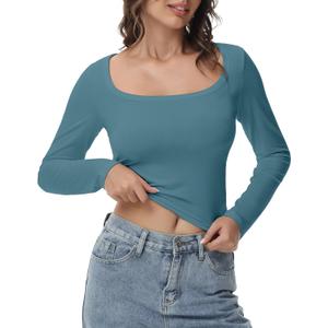 Women's Long Sleeve Crop top, Ribbed & Slim Fitted Cotton Shirts, Square Crewneck Tee Basics for Daily & Casual Wear, Xmist Blue, (Large)
