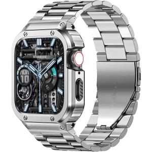 MioHHR Stainless Steel Band and Case Compatible with Apple Watch Band 44mm 42mm (Not Series 10), Men Metal Protective Bumper Cover for iWatch Series SE/6/5/4/3/2/1, Silver (42mm(Series 3/2/1),44mm(SE/6/5/4))