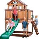 Backyard Discovery Echo Heights Elevated Cedar Wooden Kids Playhouse with Wave Slide, Play Kitchen, Wrap-Around Deck, Flat-Step Ladder, Half Door, Windows, Bell, and Growth Chart for Outdoor Play (Light Brown)