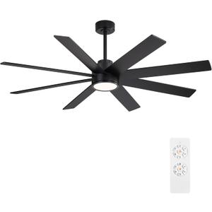 WINGBO 60" Large DC Ceiling Fans with Lights and Remote, 3 Downrods, 8 Plywood Blades, 6-Speeds Reversible DC Motor, 3CCT, Indoor Ceiling Fan for Bedroom Living Room Patio, Black