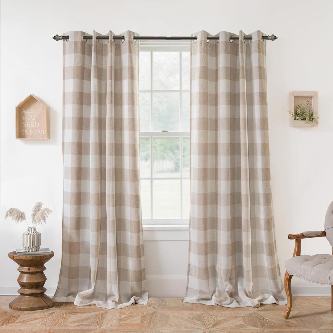DriftAway Buffalo Plaid Blackout Curtains Linen Textured Farmhouse Double Layer Thermal Insulated Yarn Dyed Woven Checkered Gingham Grommet Drapes for Living Room 2 Panels Each 52W x 84L Taupe