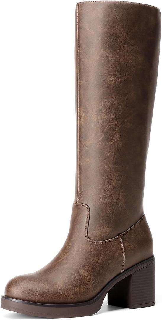 DREAM PAIRS Womens Knee High Round Toe Platform Boots (Brown, S) Size: 6.5