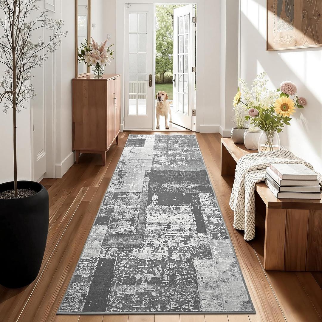LOCHAS Washable Runner Rugs for Hallway, 2x8 Non Sip Soft Rug for Bedroom Entryway Kitchen Laundry Room, Long Abstract Carpet for Indoor Floor Bedside, Geometric Vintage Home Decor, Pet & kid Friendly (Grey)