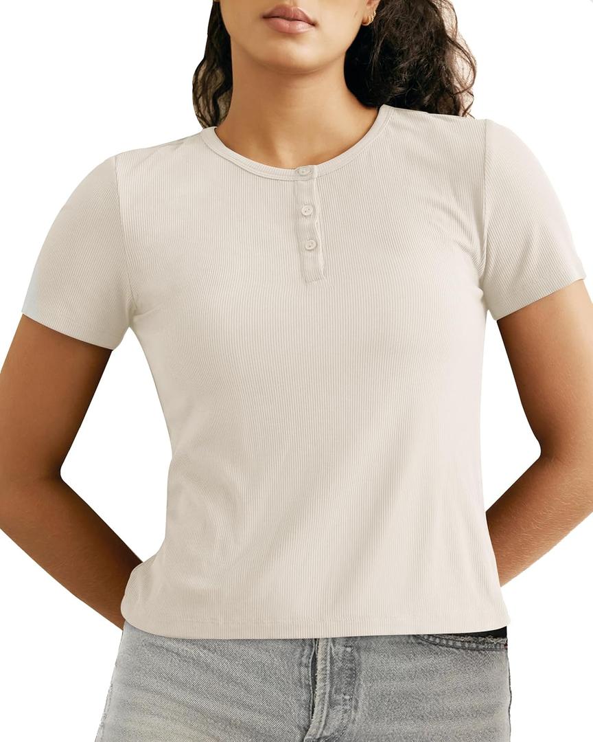 BAMBOO COOL Womens Henley T Shirts Short Sleeve Slim-Fit Tees Tops for Women Trendy Fashion Blouse (Large, Beige)