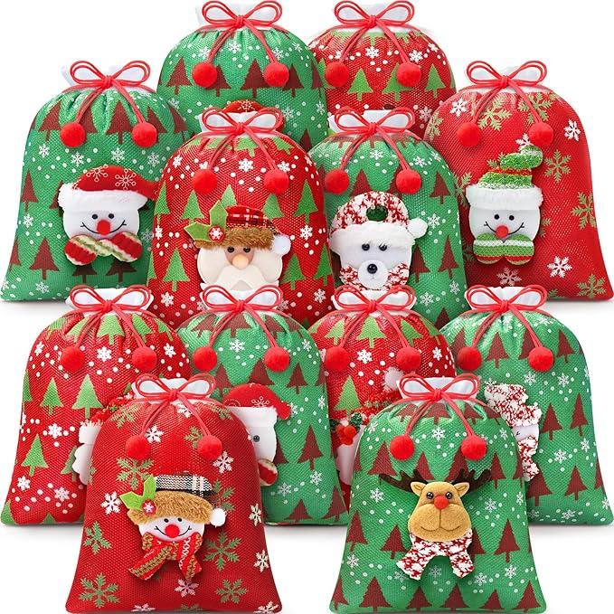 Christmas Gift Doll Bags with Drawstring, 8x10in 3D Christmas Goody Gift Bags Small Fabric Xmas Candy Bag, Burlap Treat Xmas Reusable Gifts Wrapping Bag Holiday Party Favors Decor Santa Sacks