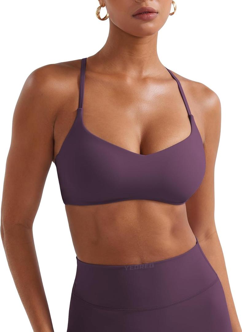 YEOREO Y Back Sports Bras for Women Padded Racerback Bra Paisely Light Impact Adjustable Straps Gym Workout Tops (Small, Black Berry Purple)