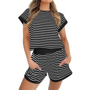 Tankaneo Womens Summer 2 Piece Sets Striped Short Sleeve T Shirts and Shorts Loungewear Matching Set (Large, Black)