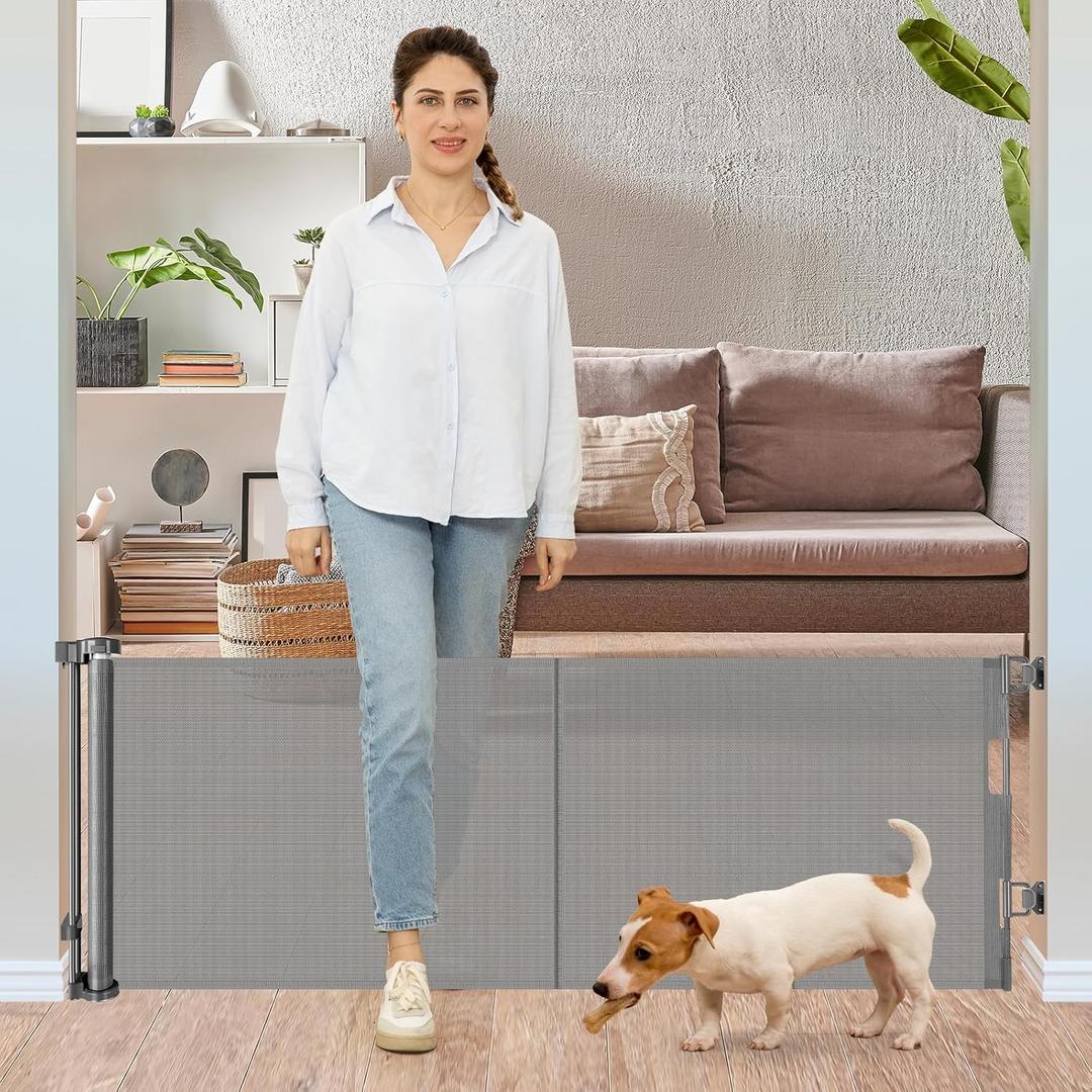 24 Inches Tall Retractable Baby gate for Dogs, Short Pet Gates to Step Over, Extends up to 55" Wide, Reinforced Mesh Doggie Gates for Indoors Outdoors Small Dog Gate for Stairs Puppy Gate (Grey) (Gray)