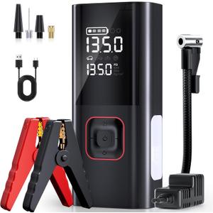 Jump Starter with Air Compressor, 5000A Battery Jumper Starter Portable (9L Gas/8L Diesel) with 160PSI Auto-Shutoff Tire Inflator, 12V Jump Box Car Battery Jump Starter with Jumper Cables, LED Light (Glossy Black)