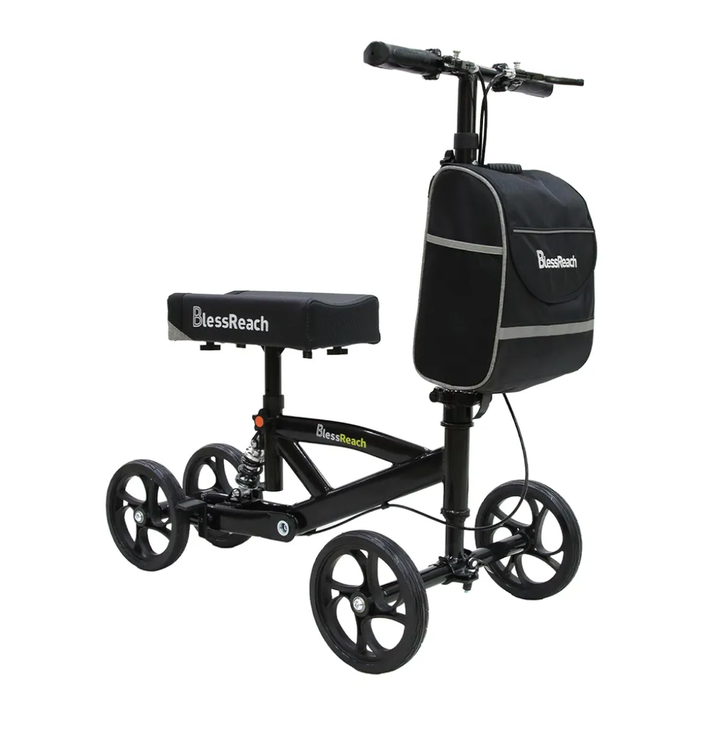 Steerable Knee Walker Deluxe Medical Scooter for Foot Injuries Compact Crutches, with Dual Rear on-Wheel Brake and Shock Absorption Under The Knee pad, Black