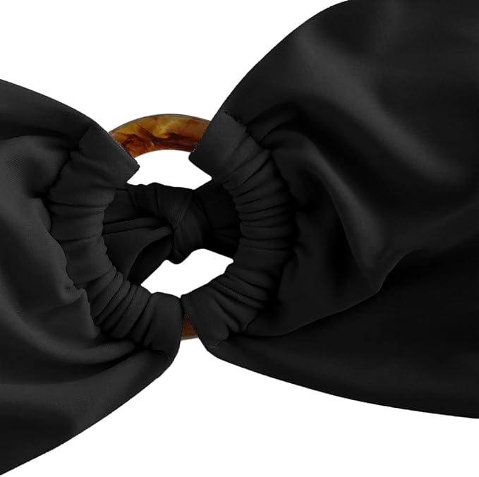 ZAFUL Women's Bandeau Top O Ring Strapless Tie Back High Cut 1 Piece Swimsuit Bathing Suits (1-Black, Medium)