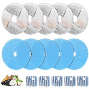 5 Set Cat Water Fountain Filter Replacement for Square 2.2L/73oz Stainless Steel Cat Fountain, ZEKIRY Pet Fountain Filter, Triple Filtration Replacement Filters(5 Filter, 5 Sponge, 5 8D Sponge)