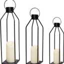 HPC Decor 22'' 19'' 16'' Lanterns Decorative w/Flickering Timer Candles- Tall Large Black Metal Candle Lanterns Set of 3- Modern Farmhouse Decor for Indoor, Outdoor, Tabletop, Porch (No Glass)