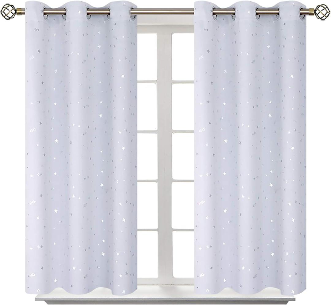 BGment Kids Room Curtains for Bedroom - Grommet Thermal Insulated Silver Star Print Room Darkening Curtains for Living Room, Set of 2 Panels, 42 x 54 Inch, Greyish White