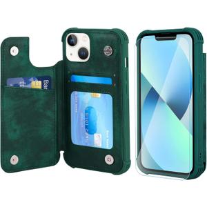VANAVAGY Wallet Case Compatible for iPhone 13 for Women Men, PU Leather Flip Phone Cover Fits Magnetic Car Mount with RFID Blocking Credit Card Holder,Midnight Green