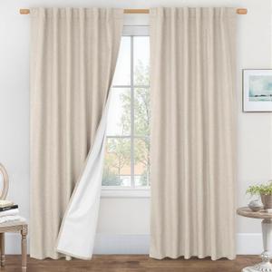 LAMIT Oatmeal 100% Blackout Linen Curtains, 84 Inch Linen Textured Living Room Farmhouse Curtains Room Darkening Back Tab and Rod Pocket Burlap Neutral Panels with White Liner, 2 Panels, 52 x 84 Inch
