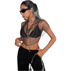 Floerns Women's Rhinestone Fishnet Mesh Hoodie Sheer Sleeveless Club Crop Tops (Medium, Black)
