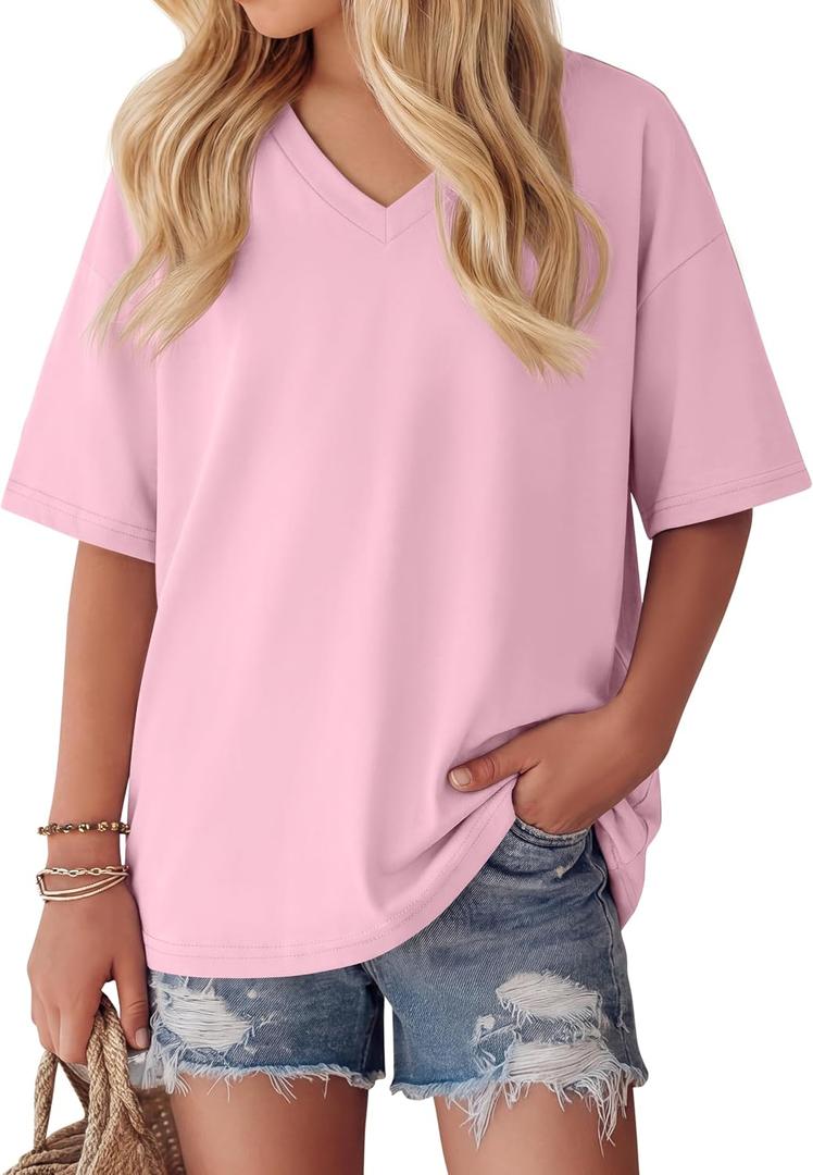 Oakgarden Girls' Shirts 5-14 Years Oversized Short Sleeve Summer T-Shirts V Neck Drop Shoulder Top Kids Casual Basic Cute Tee