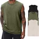 Mens Cotton Sleeveless Tank Tops Cut Off Muscle Gym T Shirts Running Beach Loose Fit Tees (Large, Ivory/Army Green/Black)