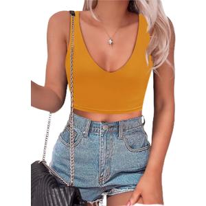 SAUNGKUAI Women's Crop Tops Deep V Neck Sleeveless Backless Double Lined Cropped Tank Top for Going Out Orange M