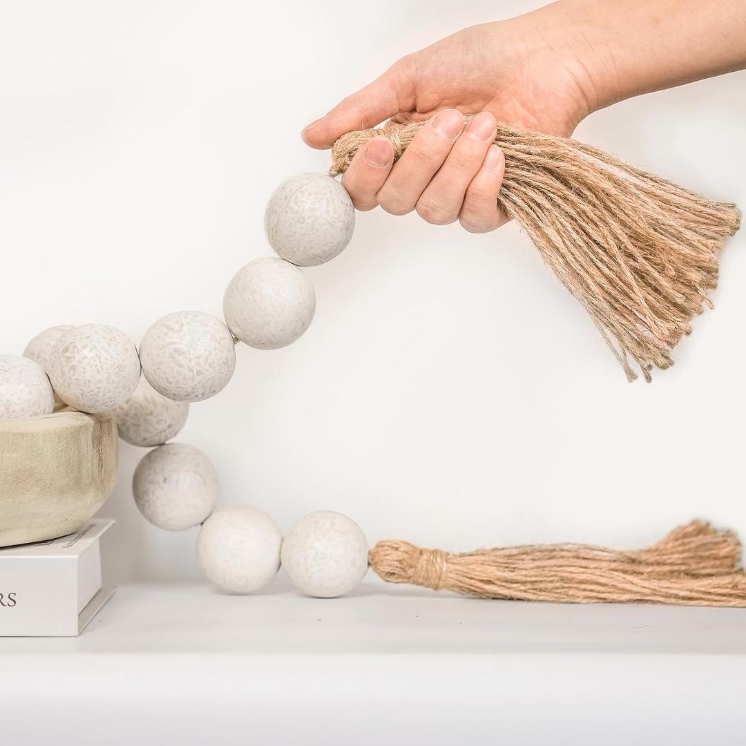 Extra Large Wood Bead Garland with 1.4" Diameter Wood Beads, Wooden Beads Garland with Tassels, Decorative Beads Home Decor, Farmhouse Beads Decor (Rustic White, 41 Inches)
