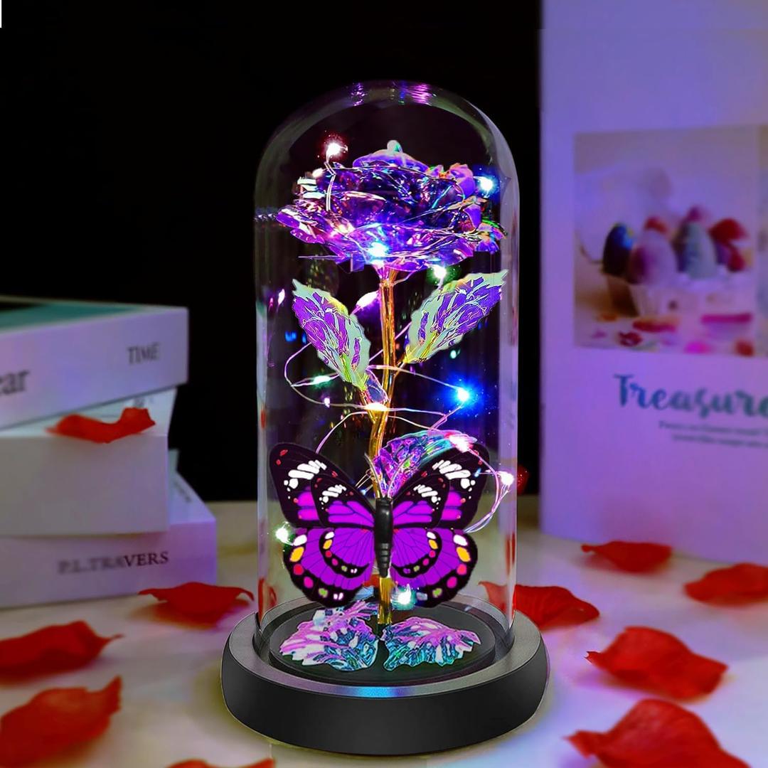 Valentines Rose Glass Flowers Gifts for Her, Galaxy Crystal Light Up Rose in A Glass Dome, Valentines Day Gifts for Wife Mom Girlfriend, Butterfly Birthday Gifts for Women, Purple Presents